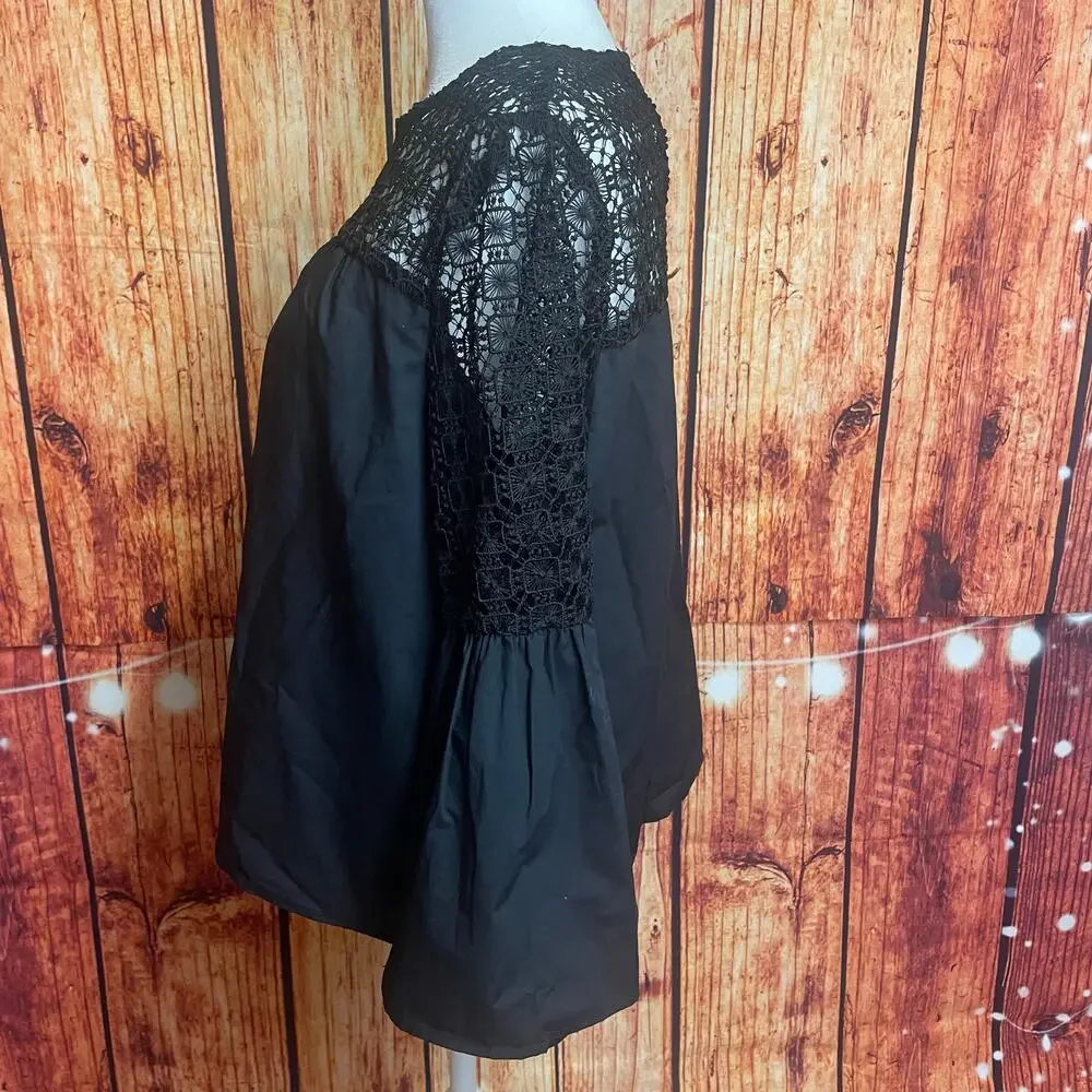 Who What Wear black lace blouse size Small puff cuffs sheer top 100% cotton